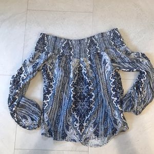 Alice and Olivia Off the Shoulder Blue Top